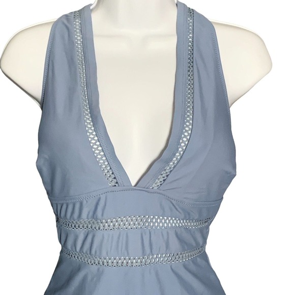 Women's Size Medium One-Piece Swimsuit Dusty Blue Deep V Neck Crisscross Back - Picture 2 of 7